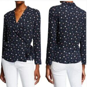 NWT Finn & Grace Wrap Blouse Blue Floral Long Sleeve Vneck Top Medium
